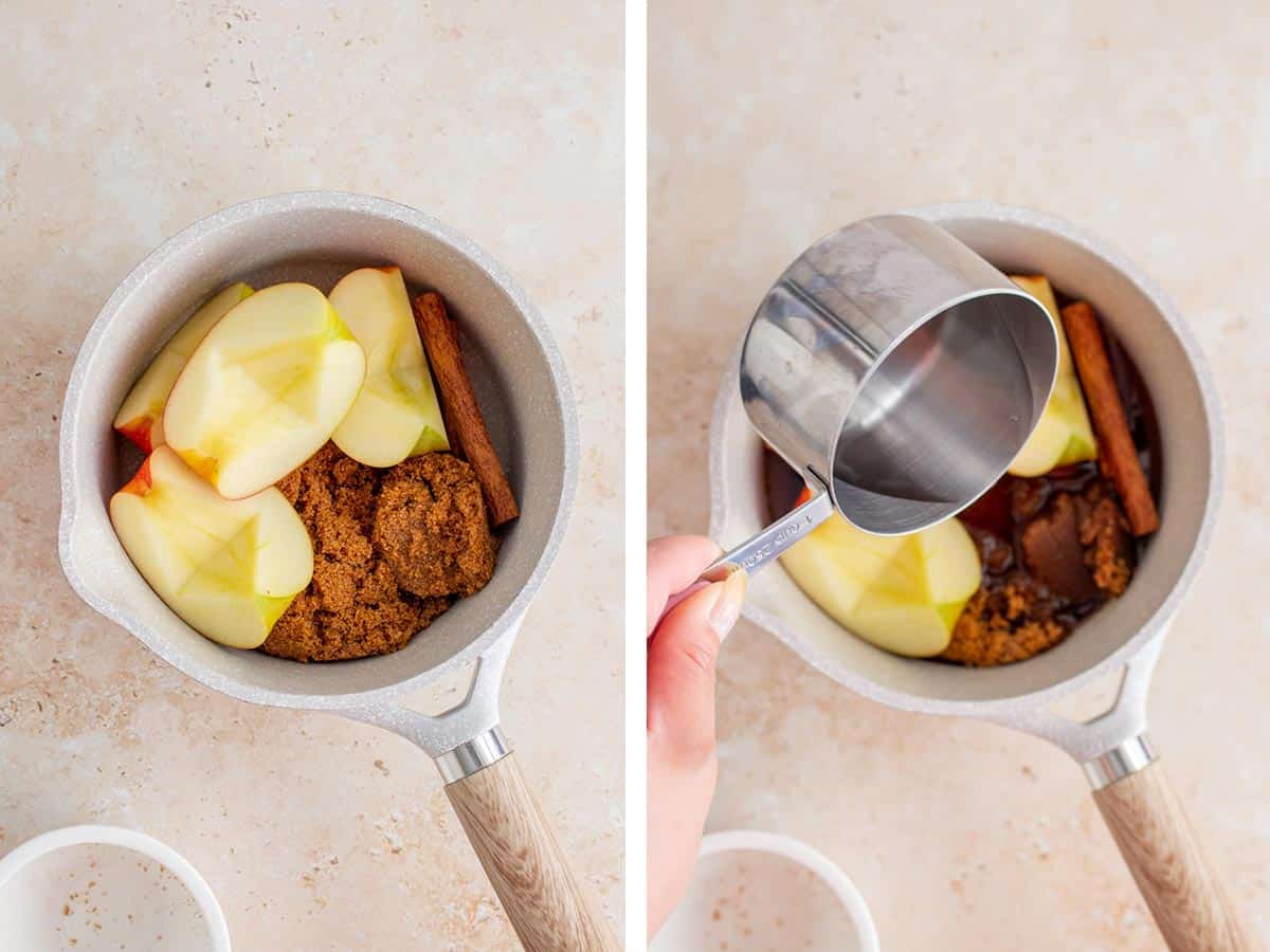 Set of two photos showing apples, brown sugar, cinnamon, and water added to a saucepan.