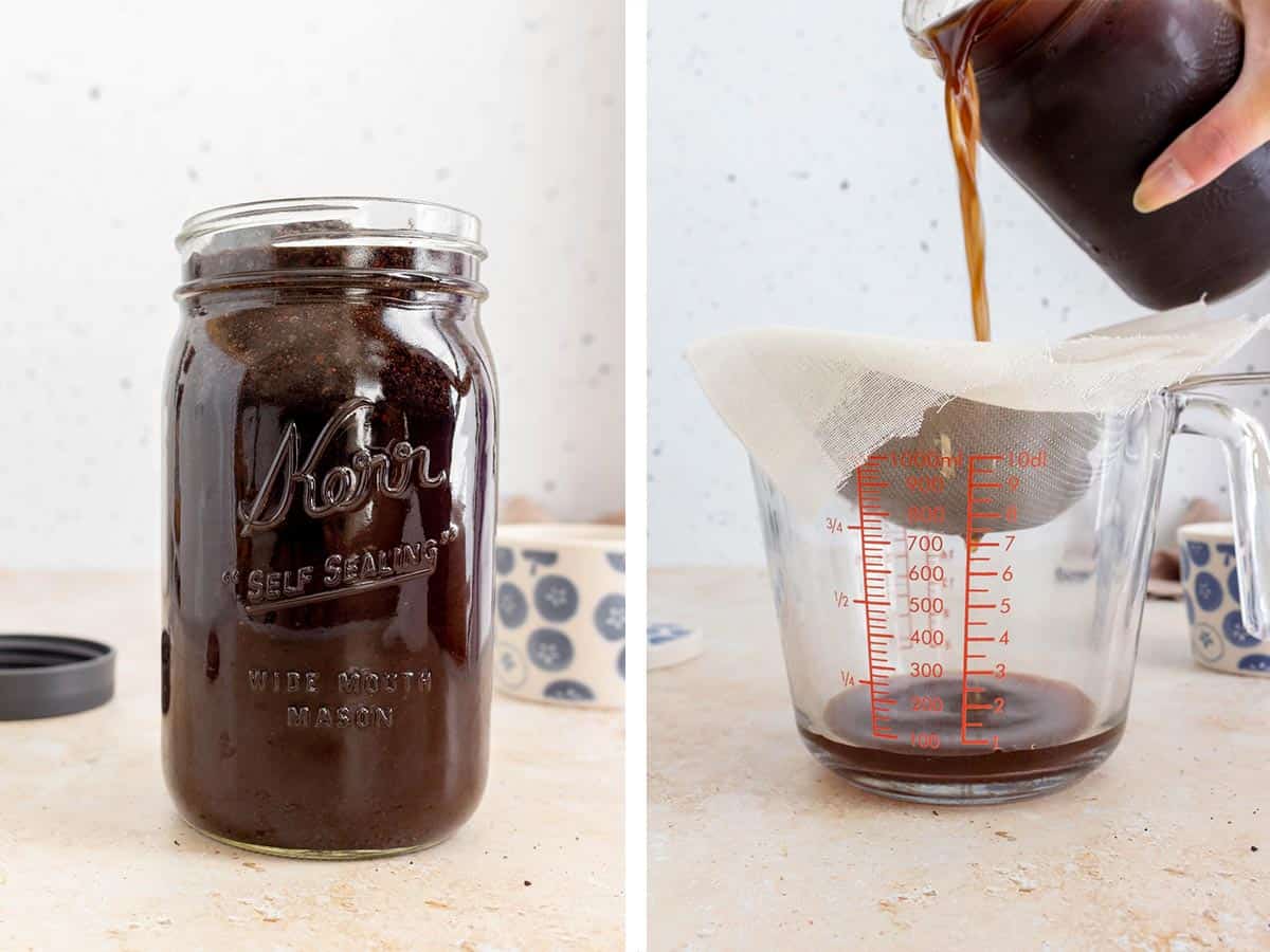 Set of two photos showing cold brew in a jar and strained through a cheese cloth.