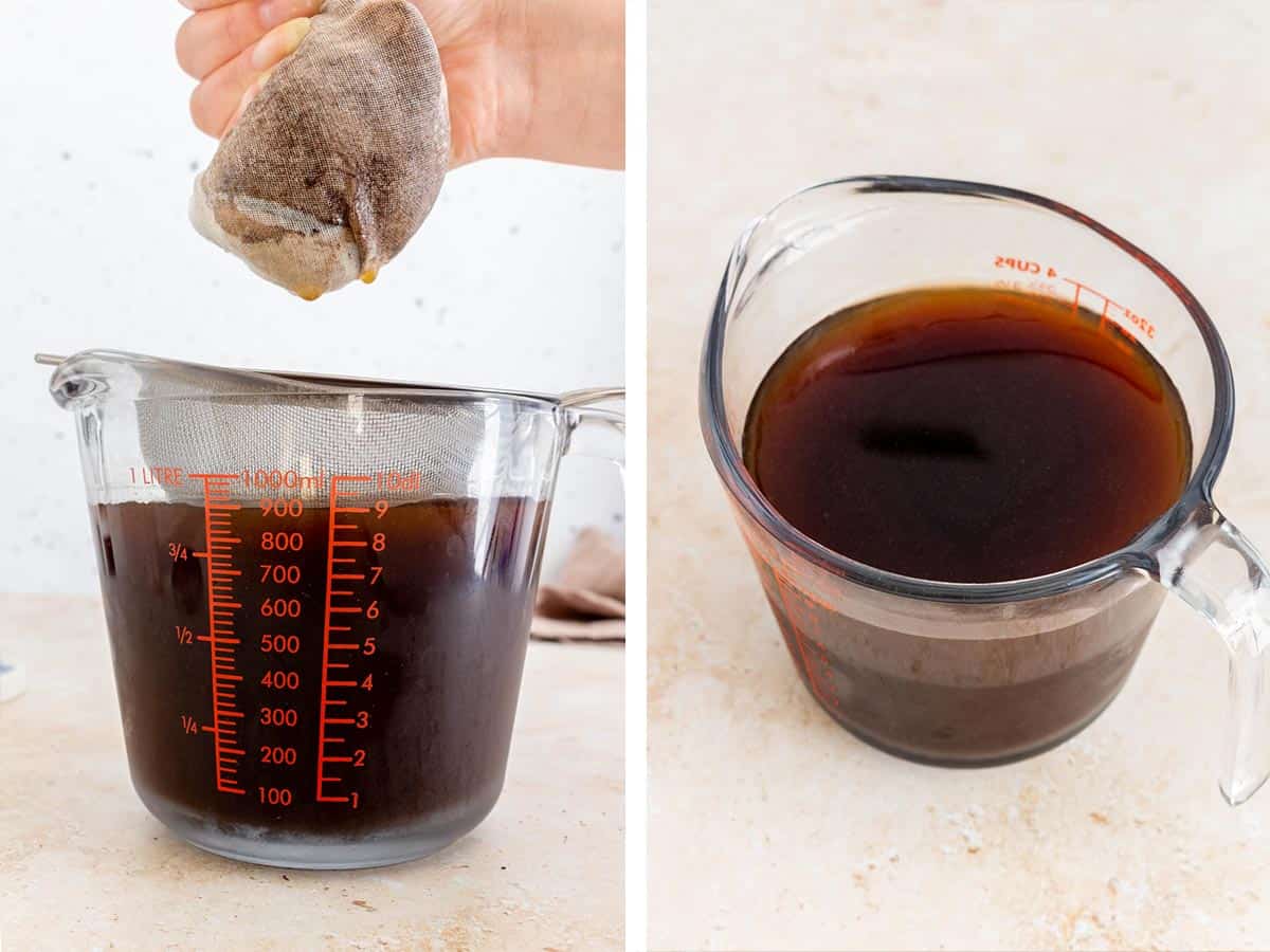 Set of two photos showing cold brew strained into a measuring cup.