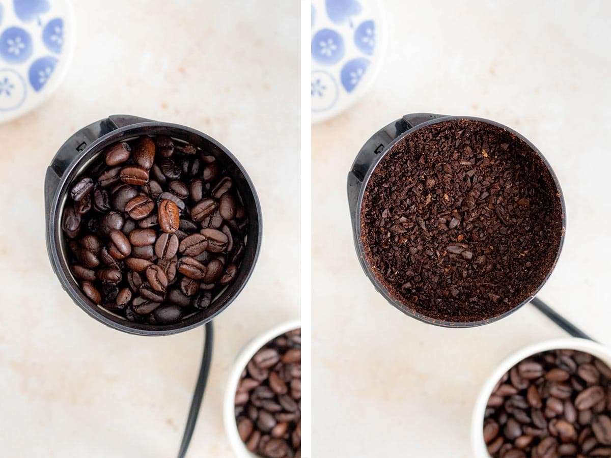 Set of two photos showing coffee beans added into a grinder and ground into a coarse texture.