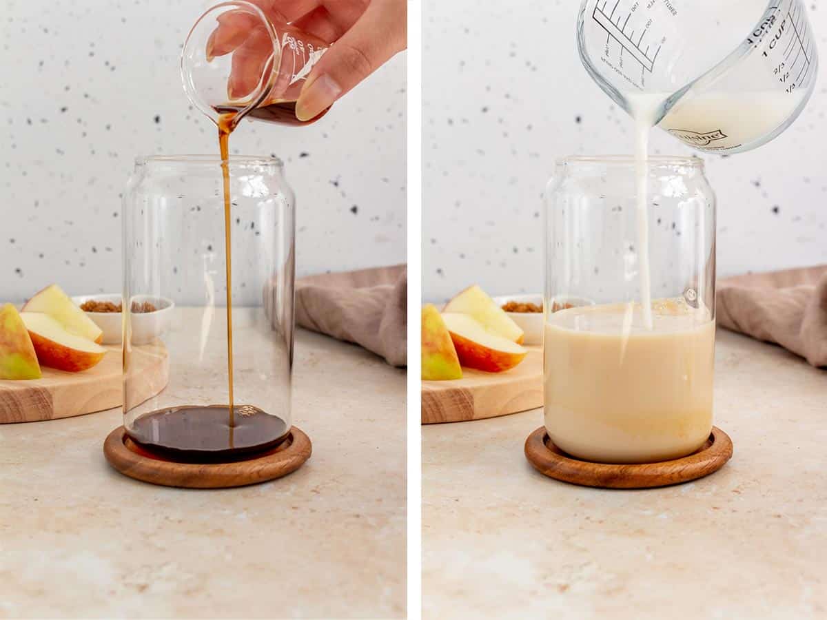 Set of two photos syrup and milk added to a glass.