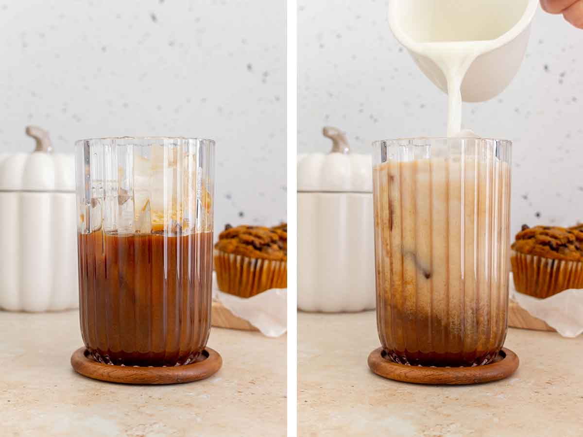 Set of two photos showing the espresso mixture and milk added to the ice in the glass.