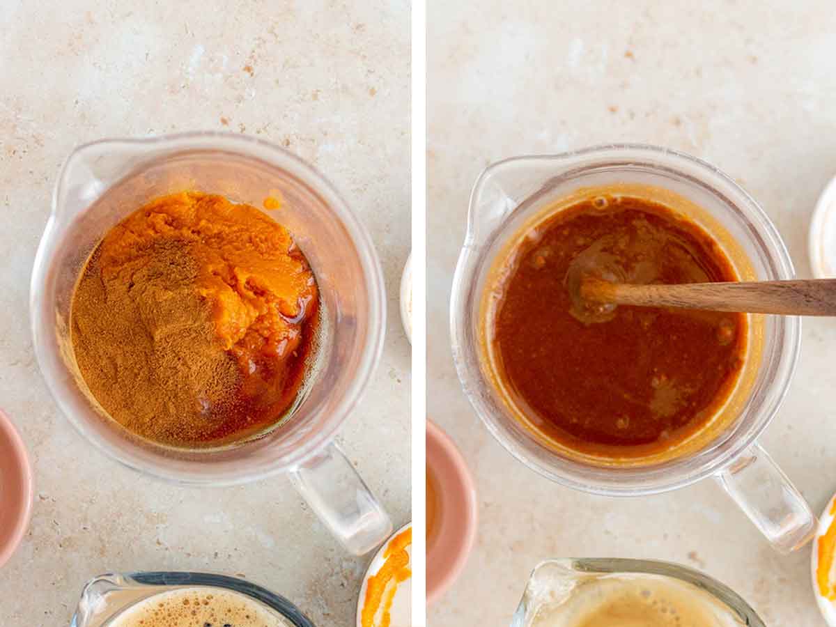 Set of two photos showing pumpkin puree, pumpkin pie spice, maple syrup, and espresso added to a measuring cup and mixed.