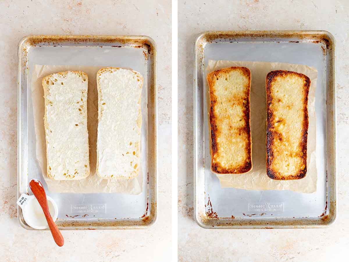 Set of two photos showing mayonnaise spread onto ciabatta bread then toasted.