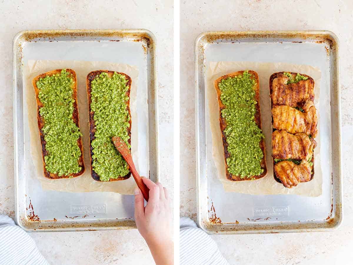 Set of two photos showing pesto spread onto the toasted bread and topped with grilled chicken thighs.