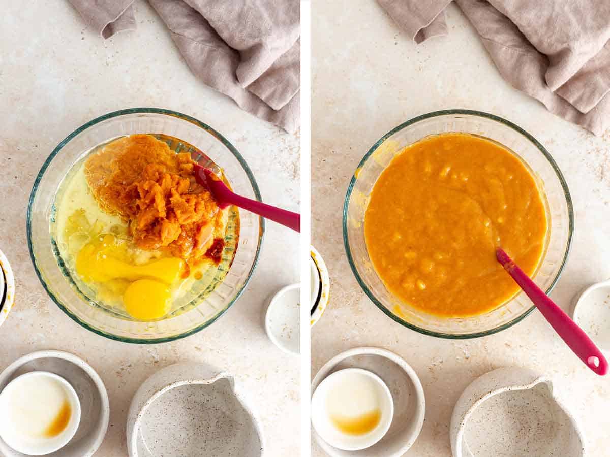 Set of two photos showing wet ingredients added to a bowl and mixed together.