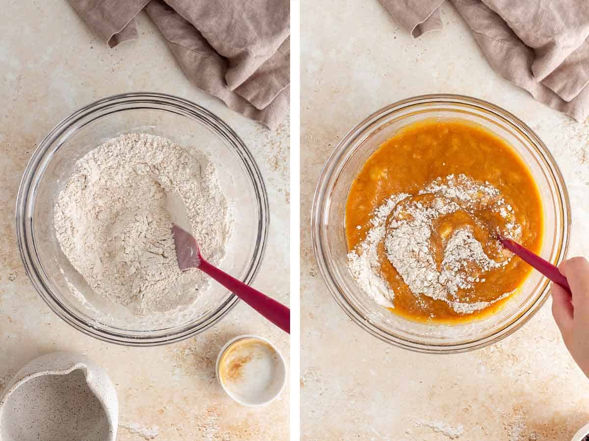 Set of two photos showing dry ingredients mixed together and wet ingredients folded into it.