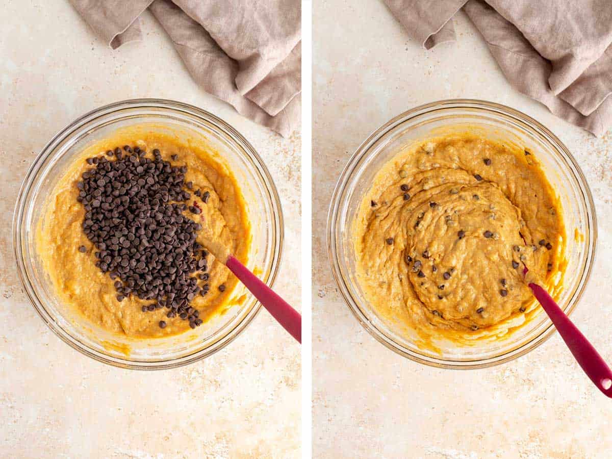 Set of two photos showing chocolate chips added to the bowl of batter and combined.