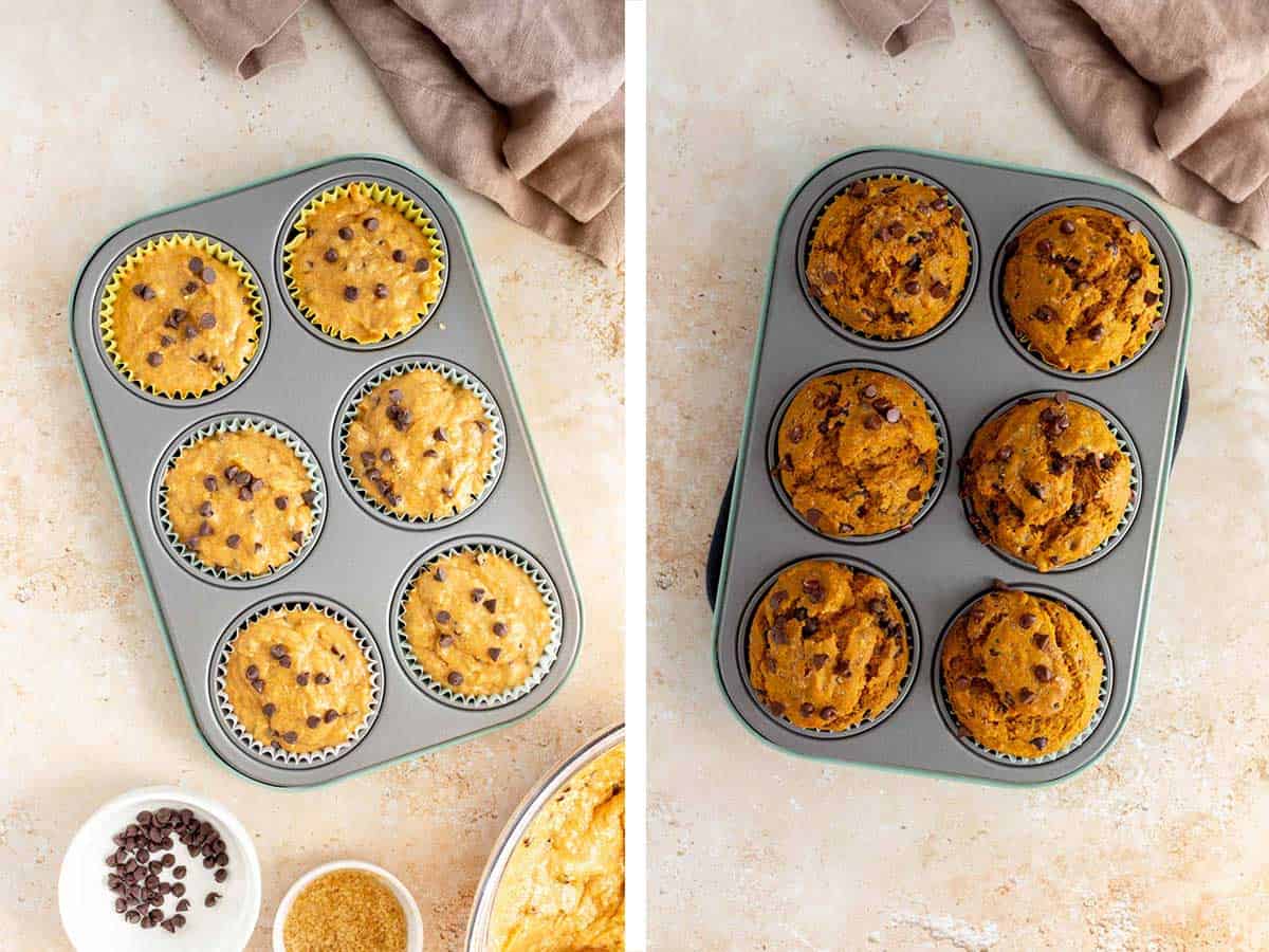 Set of two photos showing before and after muffins baked in a muffin tin.