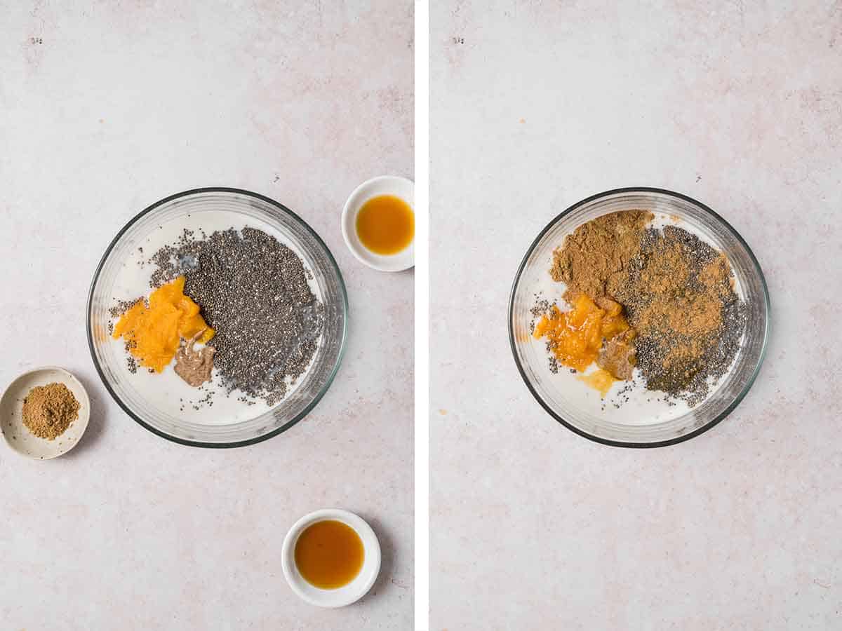 Set of two photos showing pumpkin puree, maple syrup, vanilla extract, and pumpkin pie spice added to the bowl.