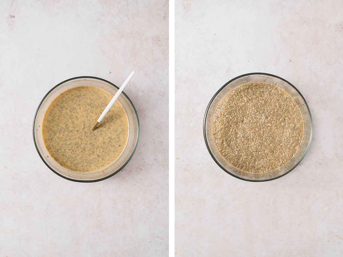Set of two photos showing before and after pumpkin chia pudding sets.