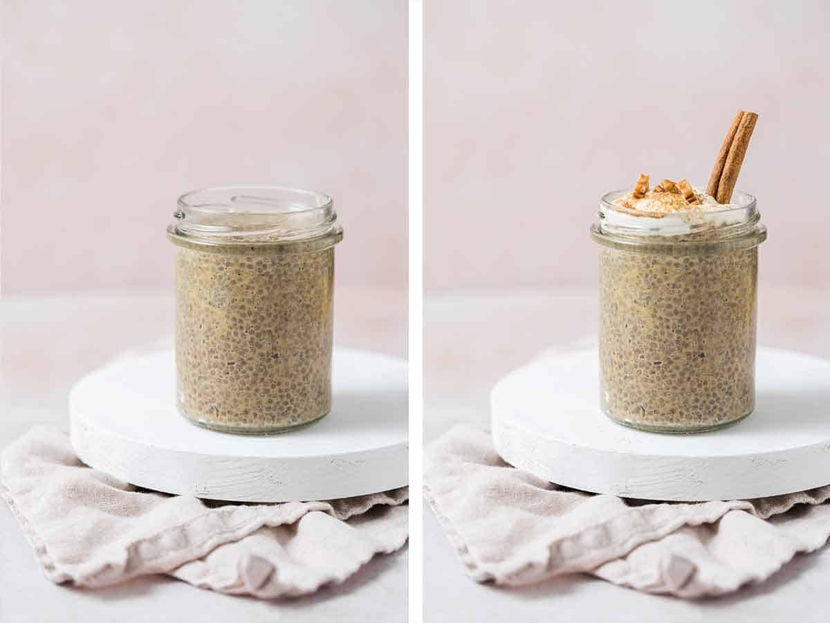 Set of two photos showing a jar of pumpkin chia pudding then toppings added to it.