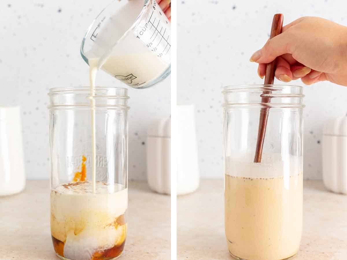 Set of two photos showing pumpkin foam ingredients added to a large mason jar and mixed together.