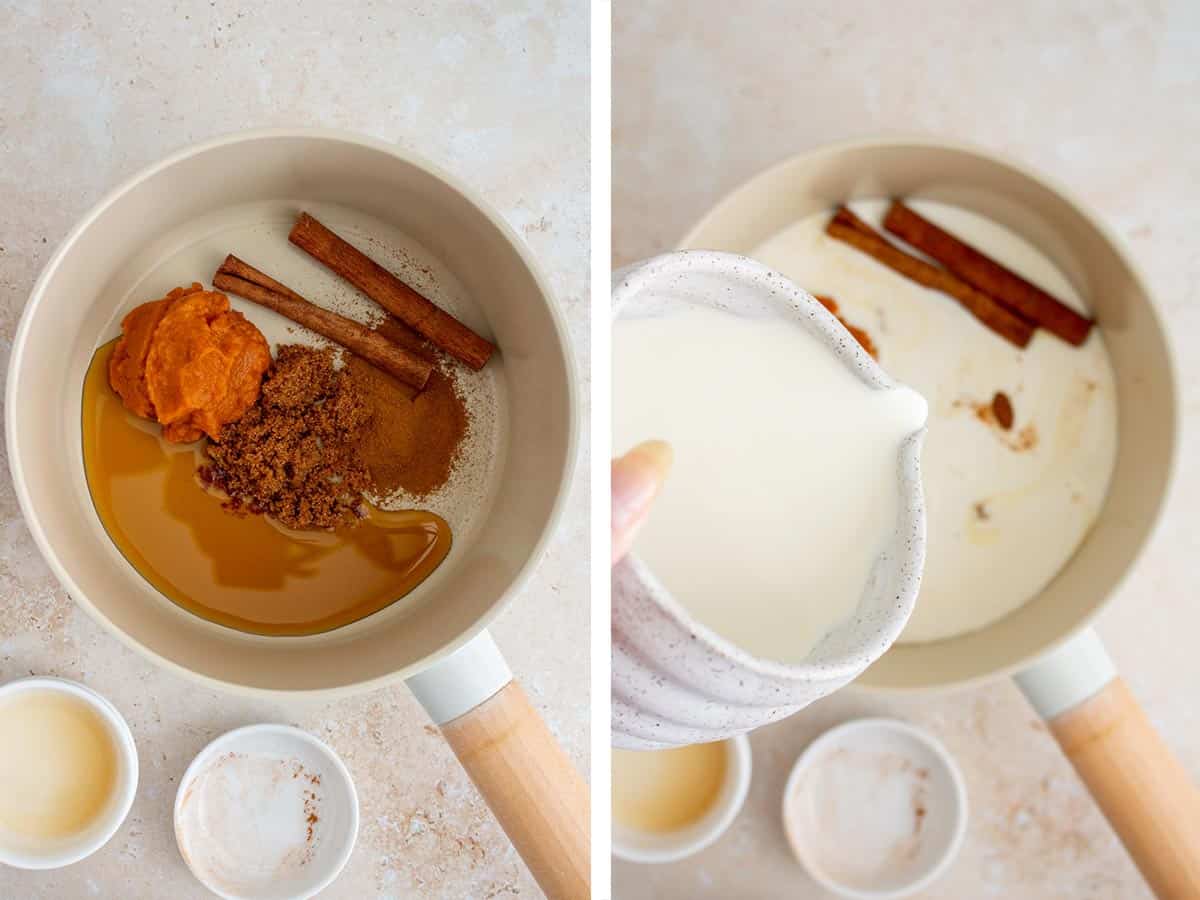 Set of two photos showing pumpkin puree, maple syrup, pumpkin pie spice, brown sugar, cinnamon sticks, and heavy cream added to a sauce pot.