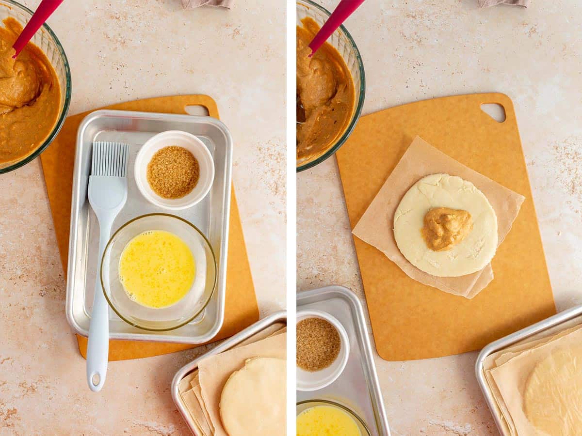 Set of two photos showing egg wash prepared and filling added to the middle of a pie crust.