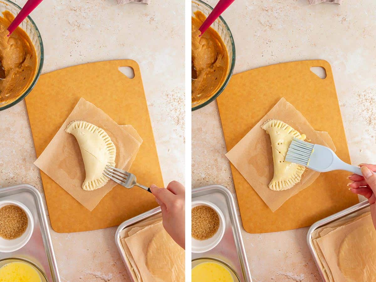 Set of two photos showing the edges of the hand pie crimped together with a fork and egg wash brushed on top.