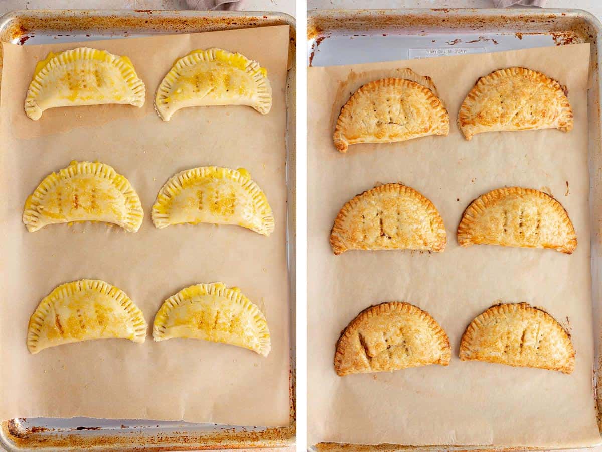 Set of two photos showing the before and after of pumpkin pasties baked on a sheet pan.
