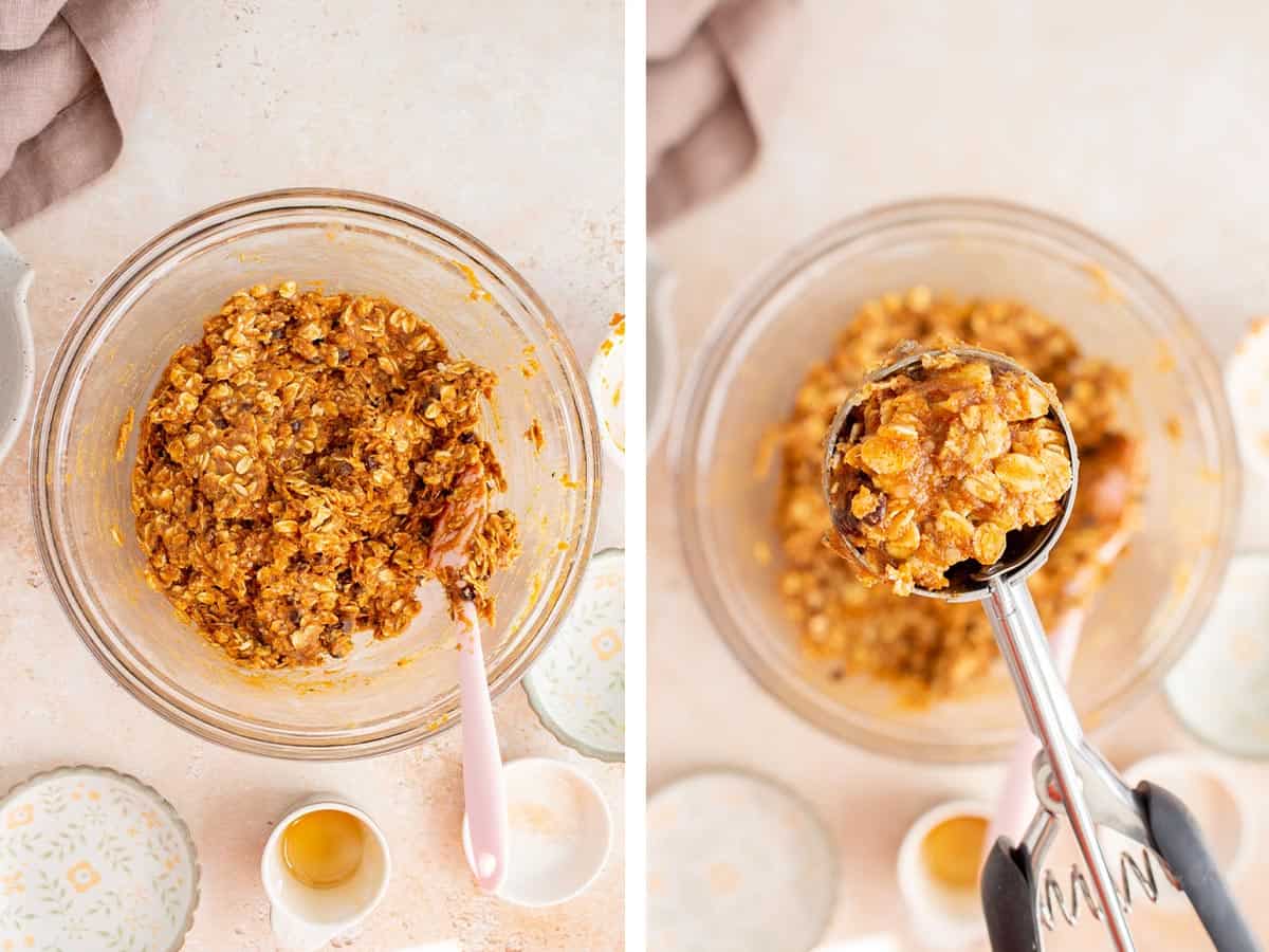 Set of two photos showing pumpkin protein balls ingredients mixed to combine and scooped with a cookie scoop.