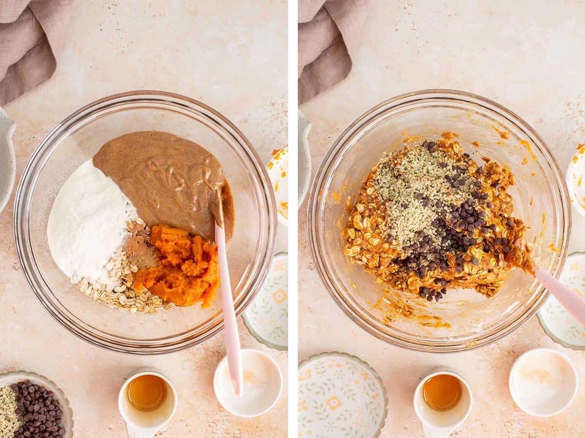 Set of two photos showing a bowl with pumpkin protein balls ingredients added to it.