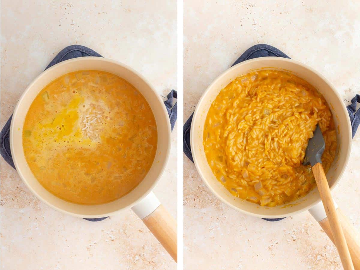 Set of two photos showing rice added to the pot and mixed in.