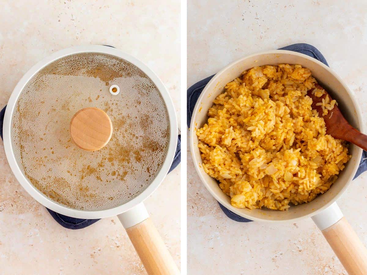 Set of two photos showing rice steamed in a pot and then fluffed.