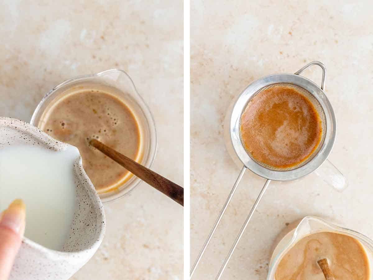 Set of two photos showing milk added to the espresso mix and then strained through a sieve.