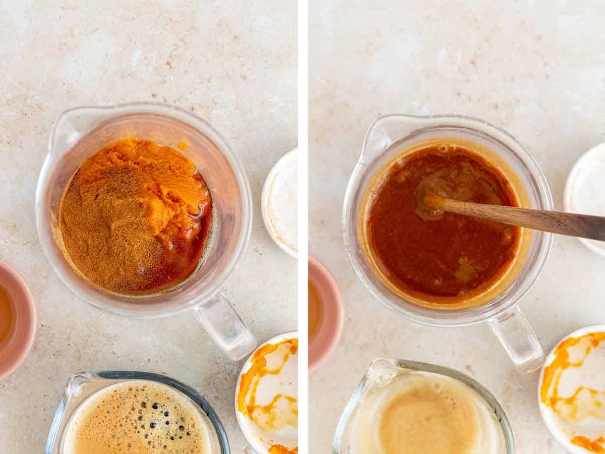 Set of two photos showing pumpkin puree, pumpkin pie spice, maple syrup, and espresso mixed together.