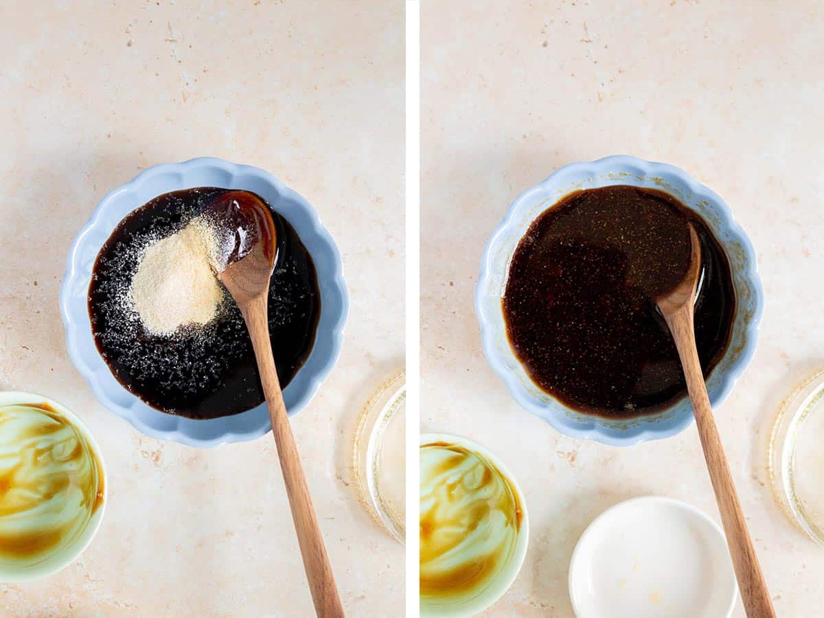 Set of two photos showing stir fry sauce mixed together.