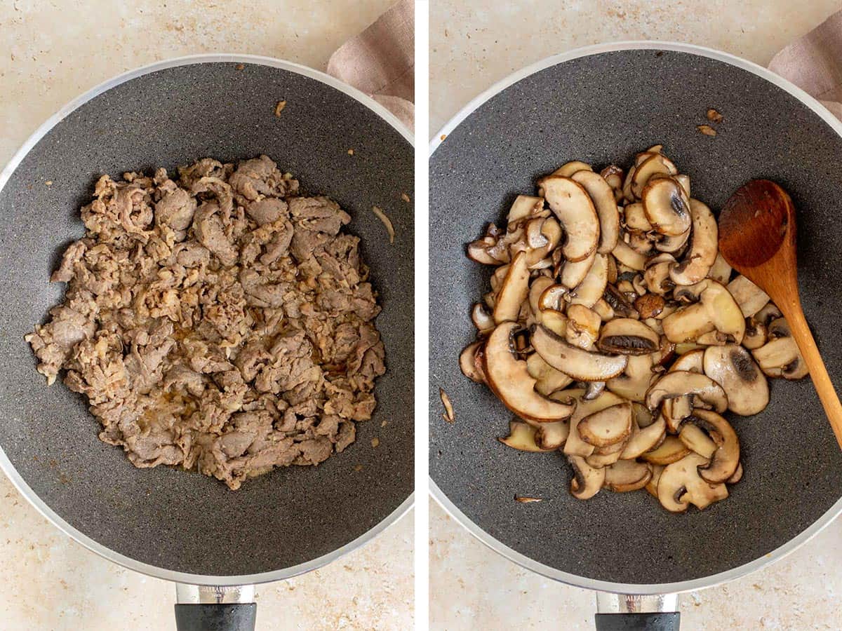 Set of two photos showing beef stir fried in a skillet and then mushrooms stir fried in a pan.