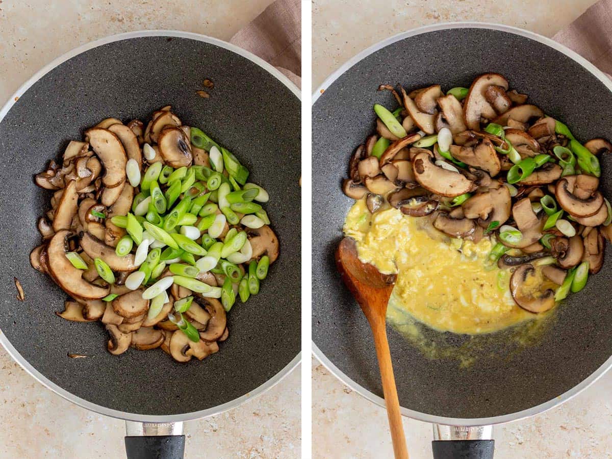 Set of two photos showing green onions and greens added to the skillet of mushrooms.