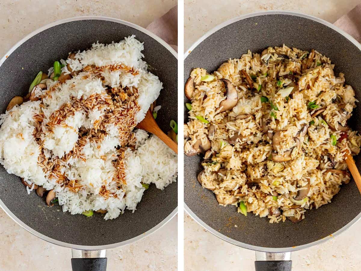 Set of two photos showing rice and sauce added to the skillet and stirred.