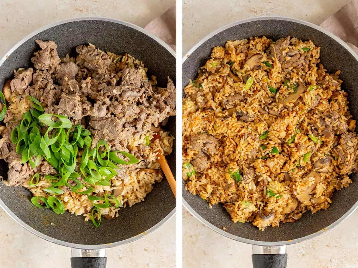 Set of two photos showing additional green onions and cooked bulgogi beef added back to the skillet and mixed to combine.