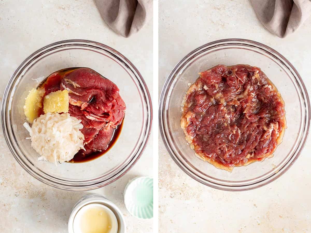 Set of two photos showing sliced beef marinaded in a bowl.