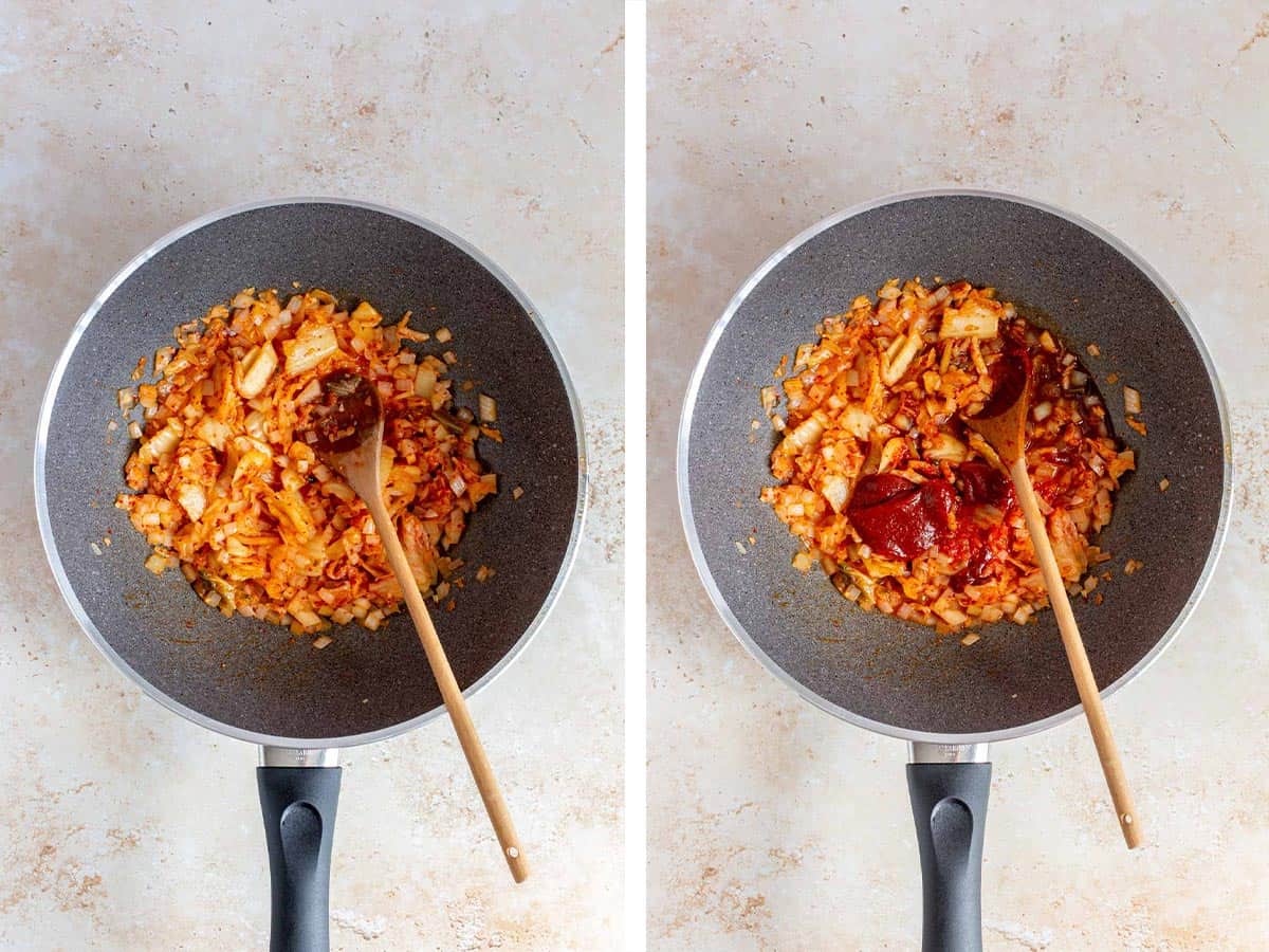 Set of two photos showing kimchi, onions, gochujang, and soy sauce added to a skillet.