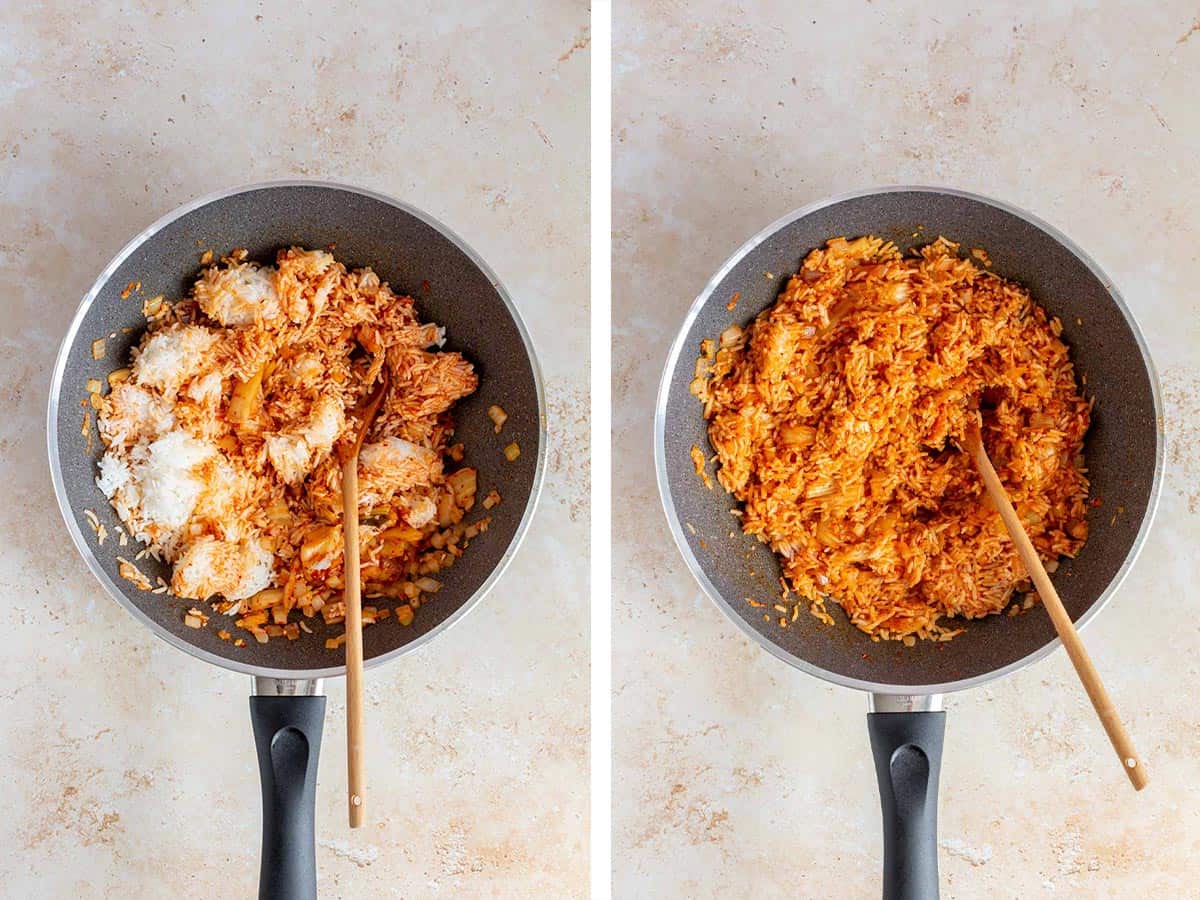 Set of two photos showing rice added to the skillet and tossed to combine.
