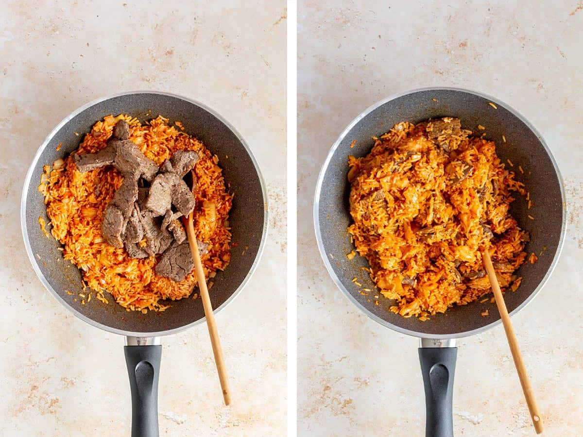 Set of two photos showing beef added back to the skillet and tossed to combine.