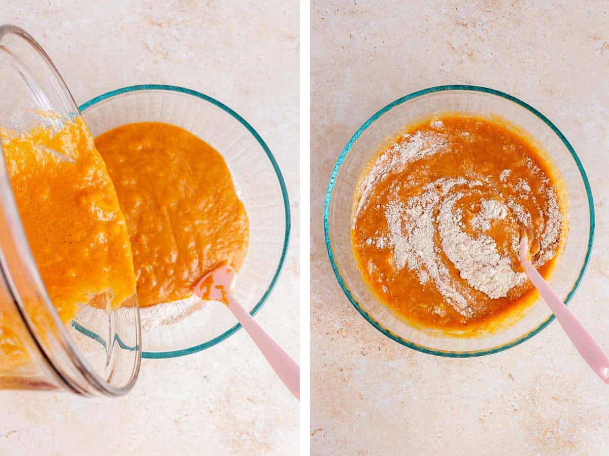 Set of two photos showing wet ingredients poured into dry ingredients and stirred together.