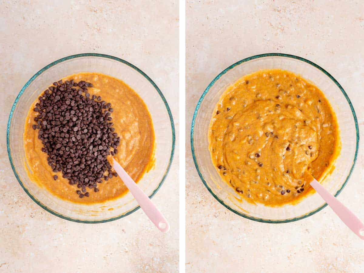 Set of two photos showing chocolate chips added to the bowlof batter and stirred together.