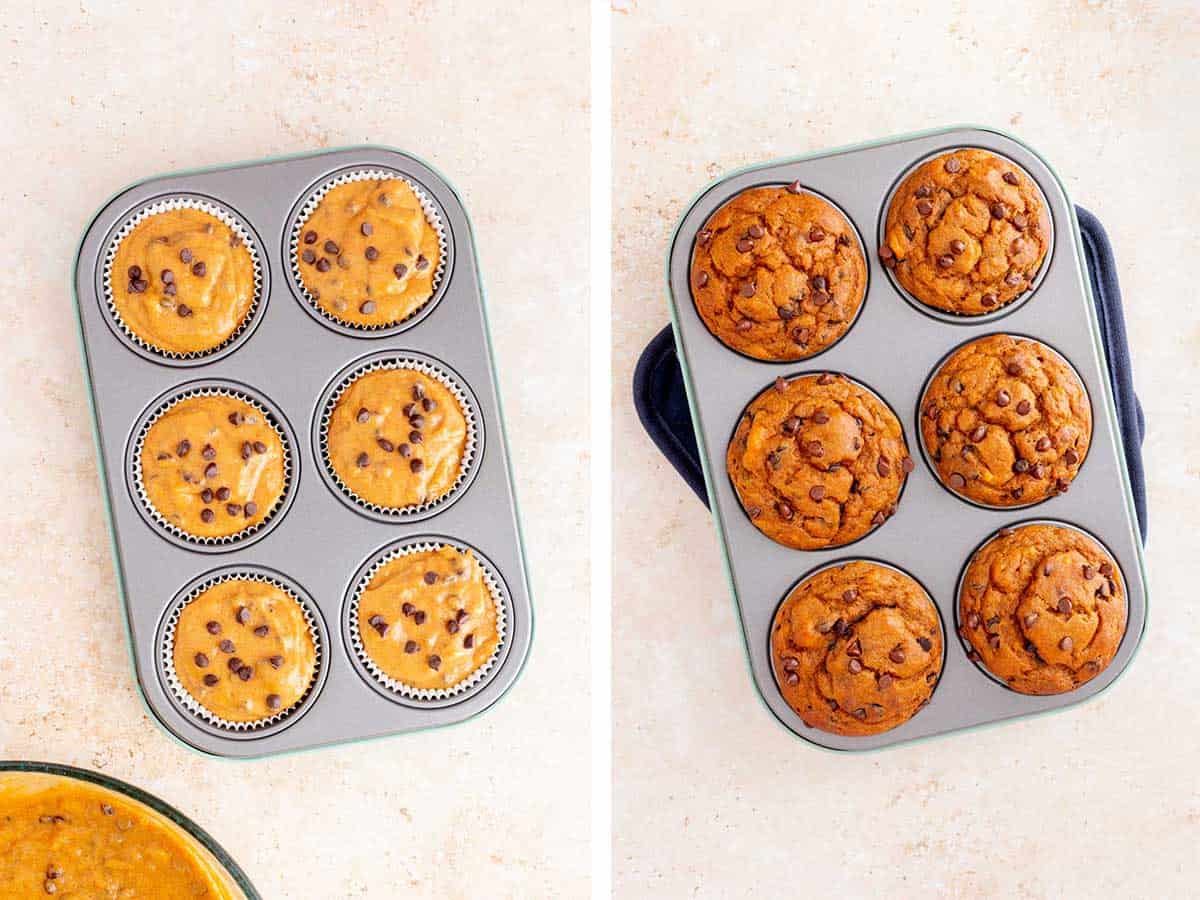 Set of two photos showing batter in a muffin and baked.