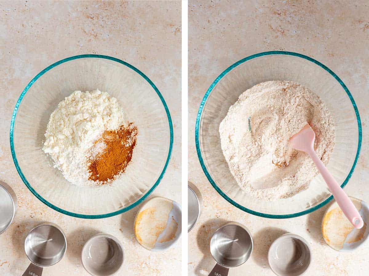 Set of two photos showing dry ingredients combined in a bowl.