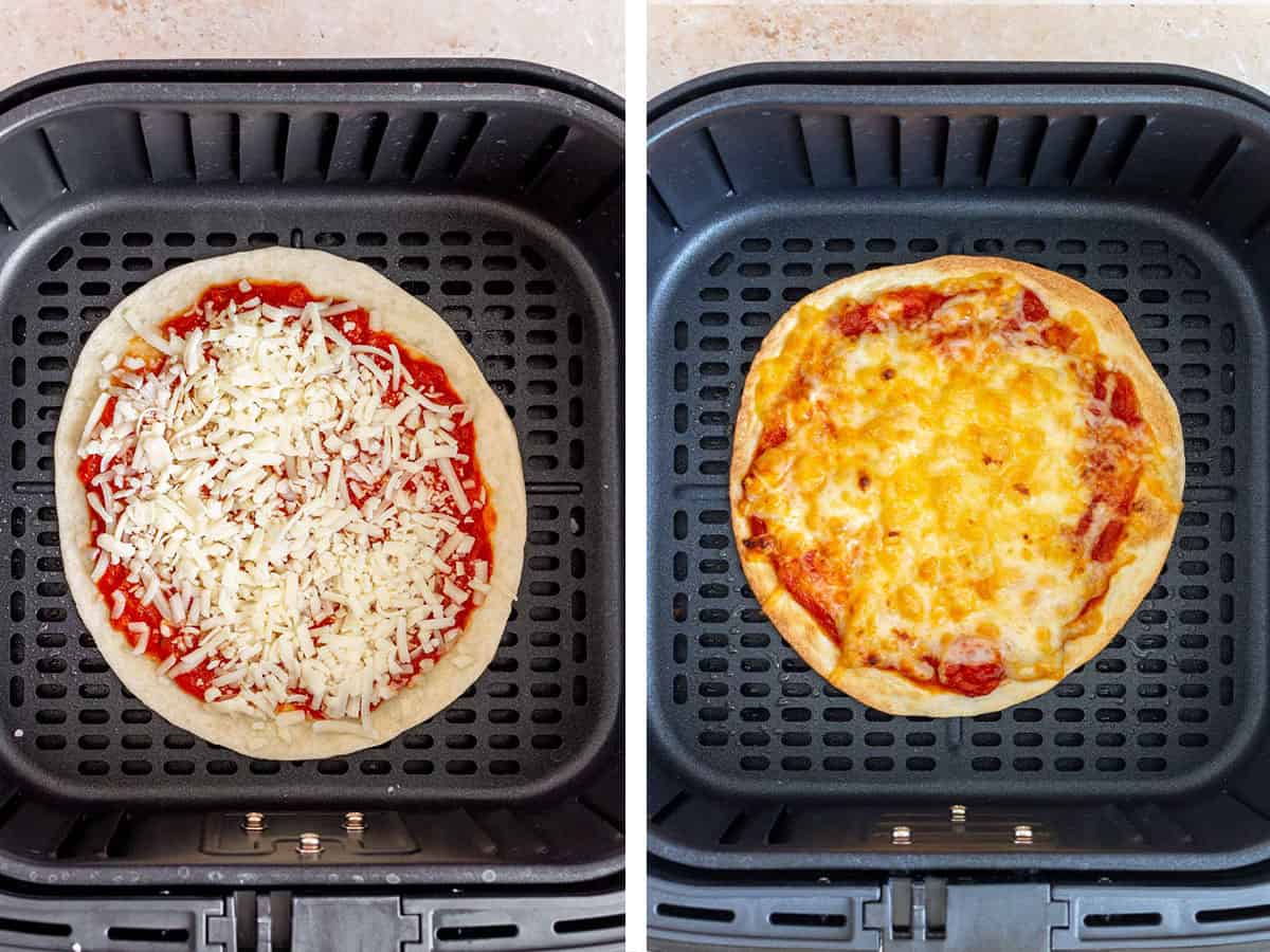 Set of two photos showing before and after the tortilla cheese pizza air fried.