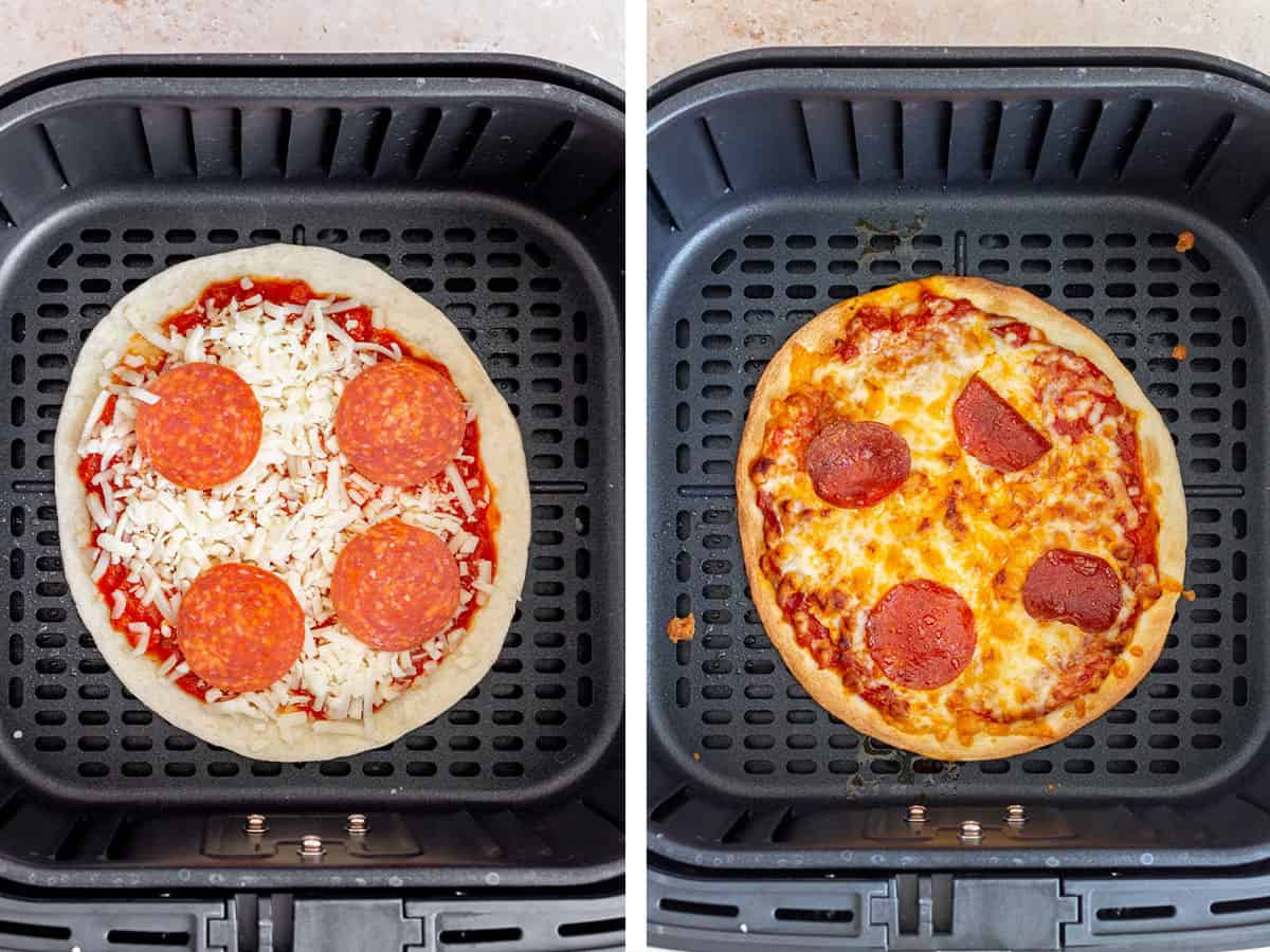 Set of two photos showing before and after tortilla pepperoni pizza air fried.