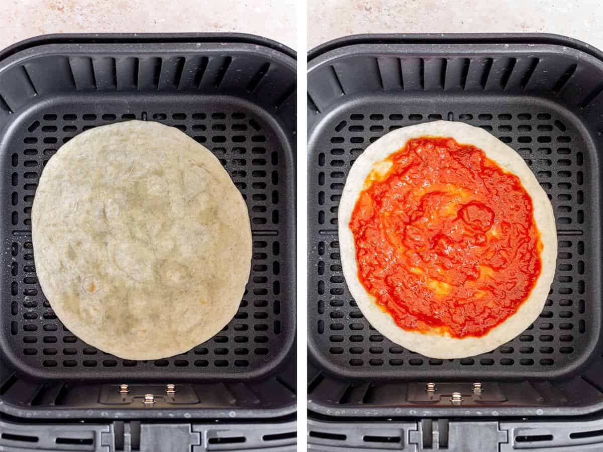 Set of two photos showing tortilla added to an air fryer basket and marinara sauce spread onto the tortilla.