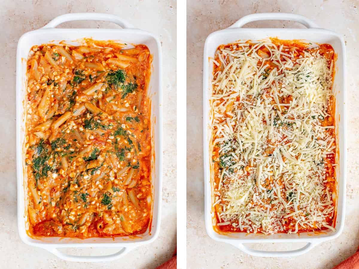 Set of two photos showing the ingredients mixed together and topped with shredded mozzarella cheese.