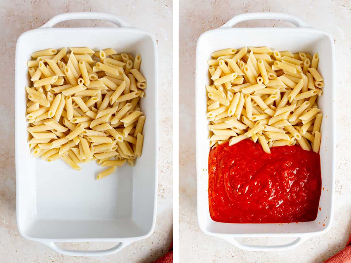 Set of two photos showing cooked pasta and marinara sauce added to a baking dish.