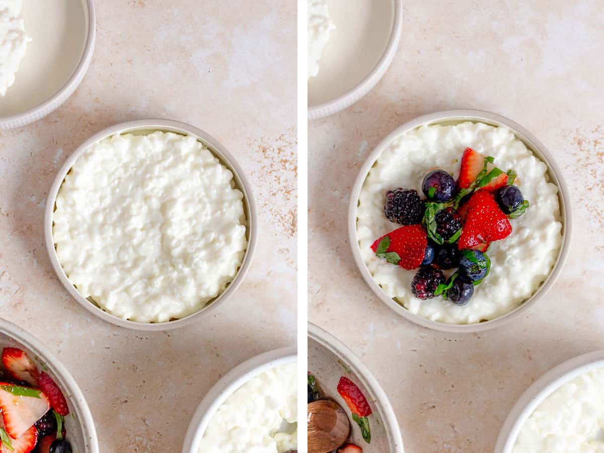 Set of two photos showing cottage cheese added to a bowl and fruit added on top.