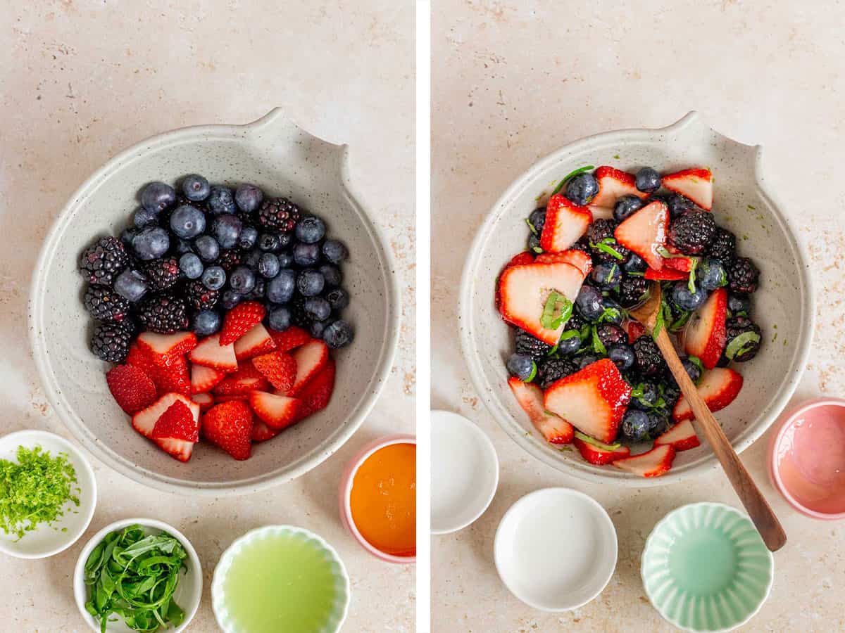 Set of two photos showing berries tossed in lime, honey, and basil.