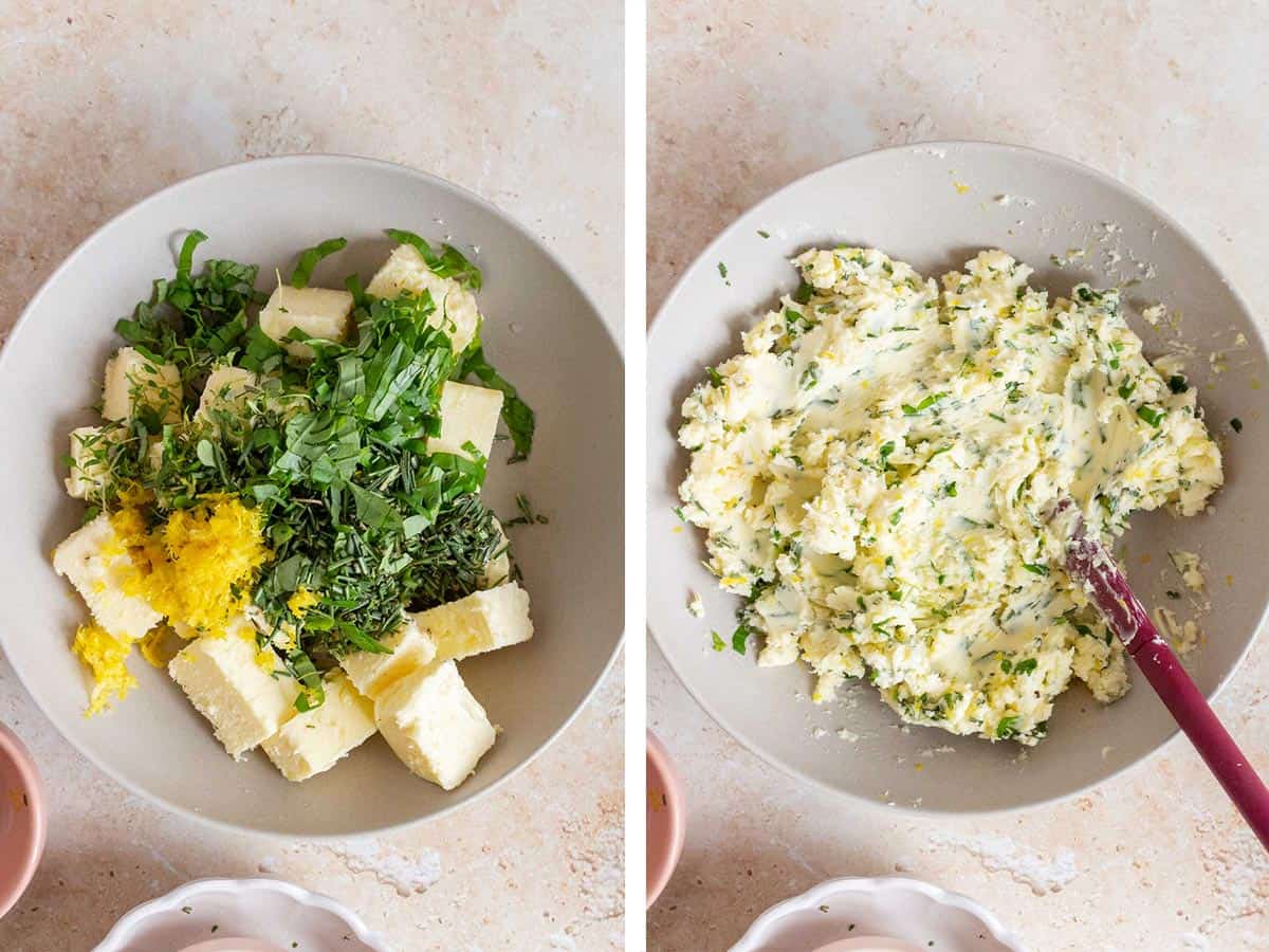 Set of two photos showing butter, herbs, and lemon zest and juice added to a bowl and combined.