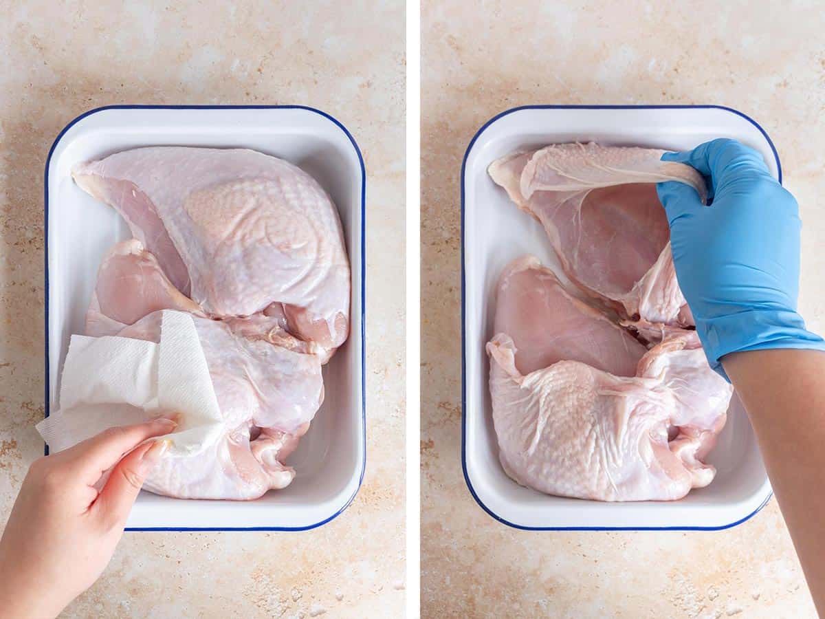 Set of two photos showing turkey breasts patted dry with a paper towel and skin pulled up.