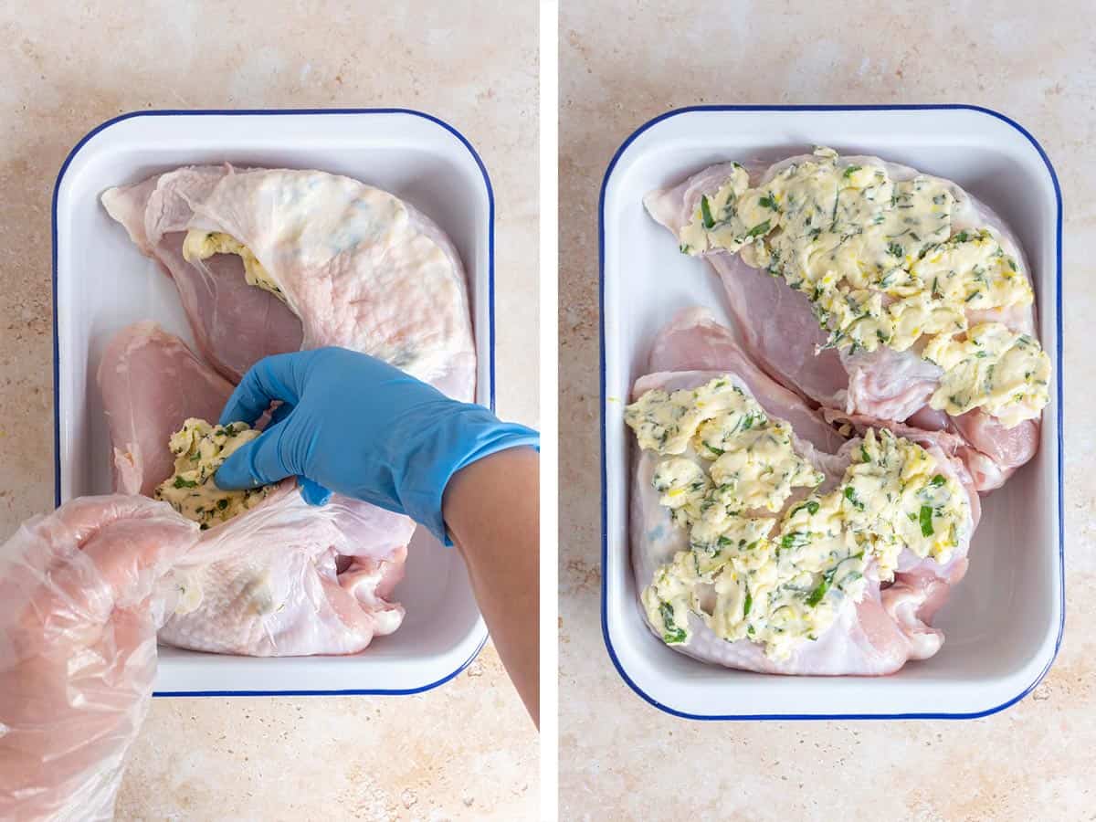 Set of two photos showing butter added under the skin of the turkey breasts and smeared over the tops of the breasts.